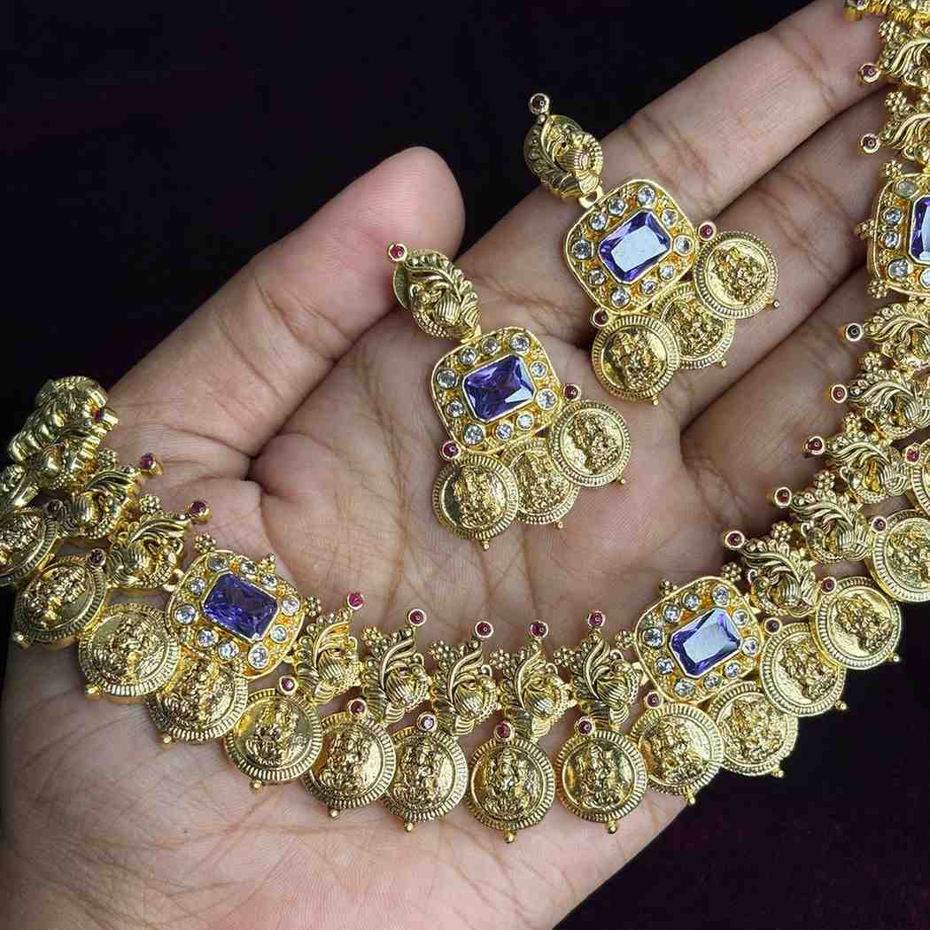 N0203 Premium Quality Lakshmi Coin Necklace  Kasumala with sapphire stone