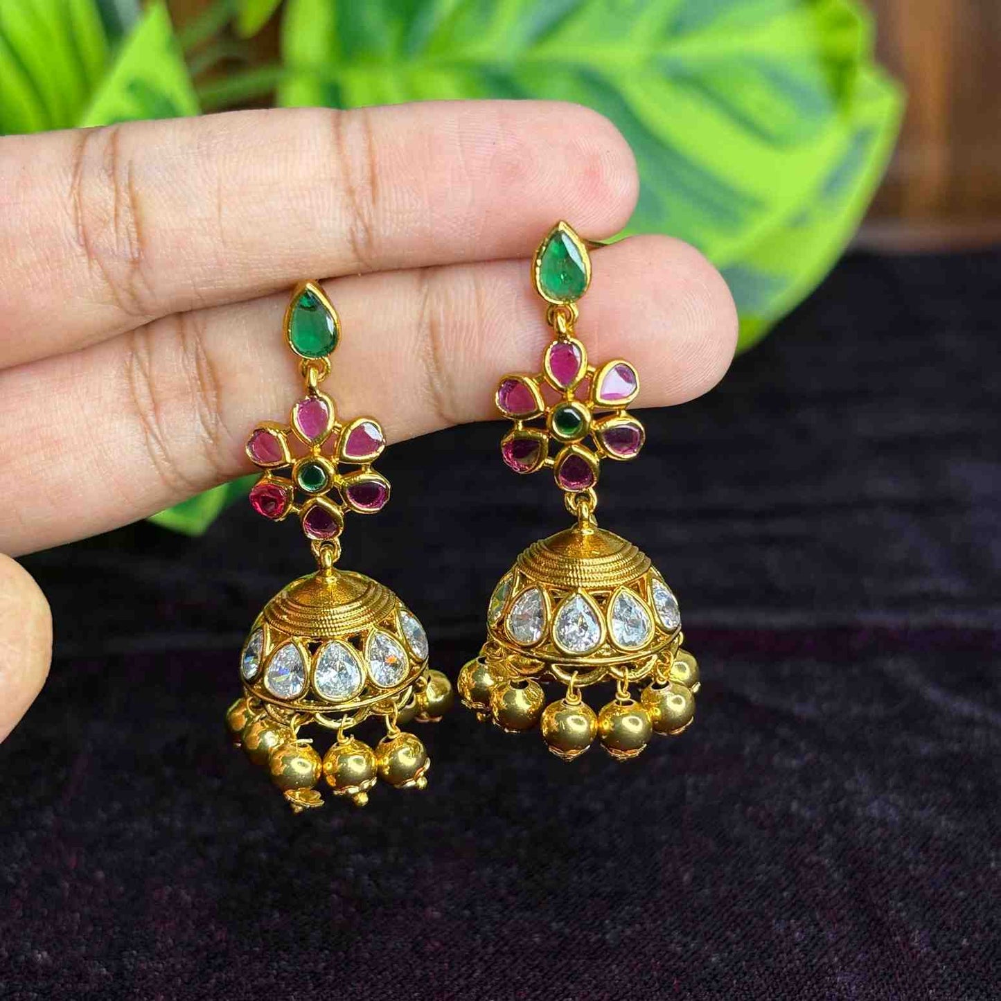Premium quality floral jhumka designs with pola diamond's ruby red emerald green stones and golden beads  J0052-CS35