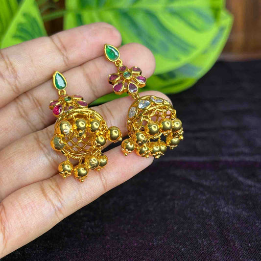Premium quality floral jhumka designs with pola diamond's ruby red emerald green stones and golden beads  J0052-CS35