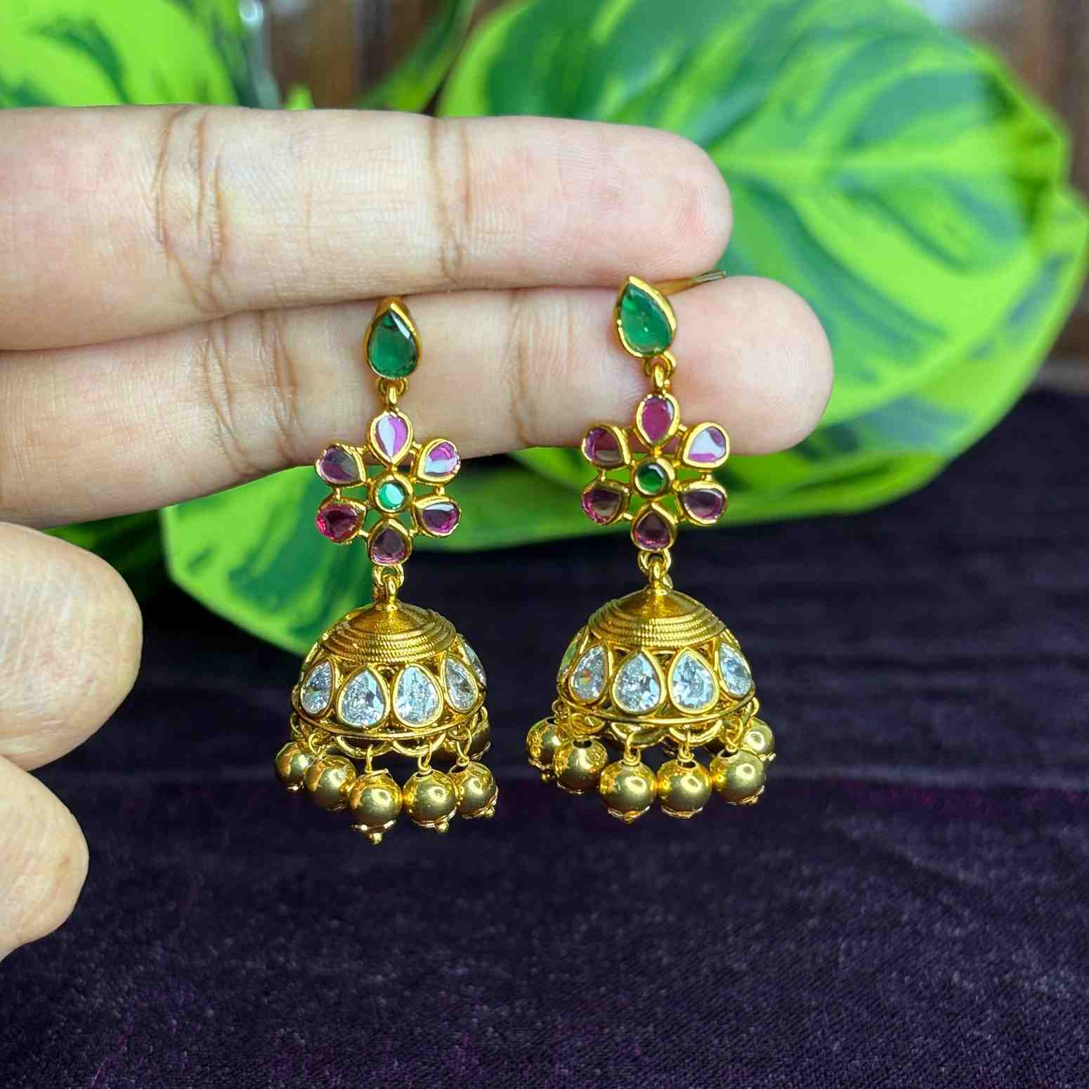 Premium quality floral jhumka designs with pola diamond's ruby red emerald green stones and golden beads  J0052-CS35