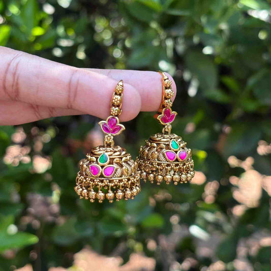 Premium Quality Trendy Hoop Jhumka Jadau Kundan Stone With Gold Beads J007-CR59
