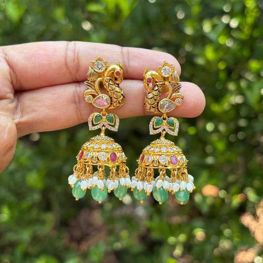 J0090 Premium Quality Peacock Stone Jhumka