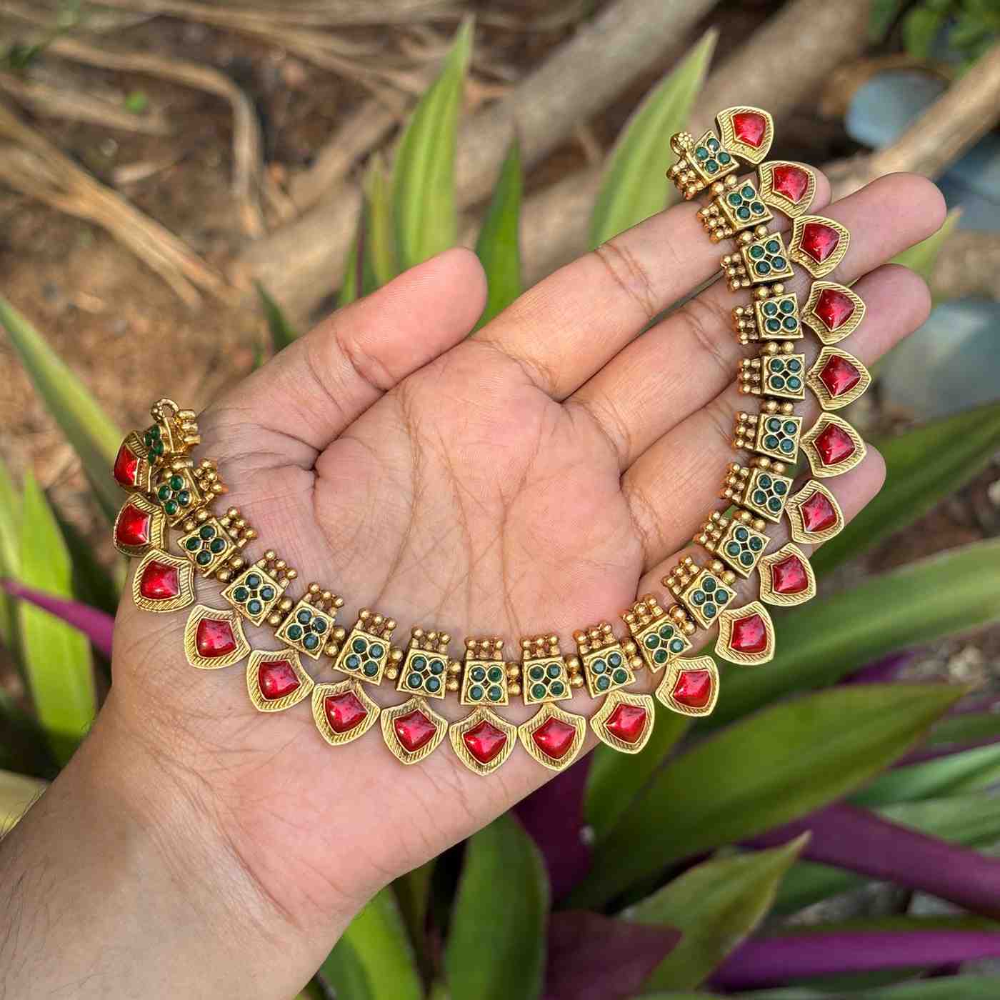 Traditional Palaka Red enamel Necklace Matte Finish with Matching jhumka N0078-CD40