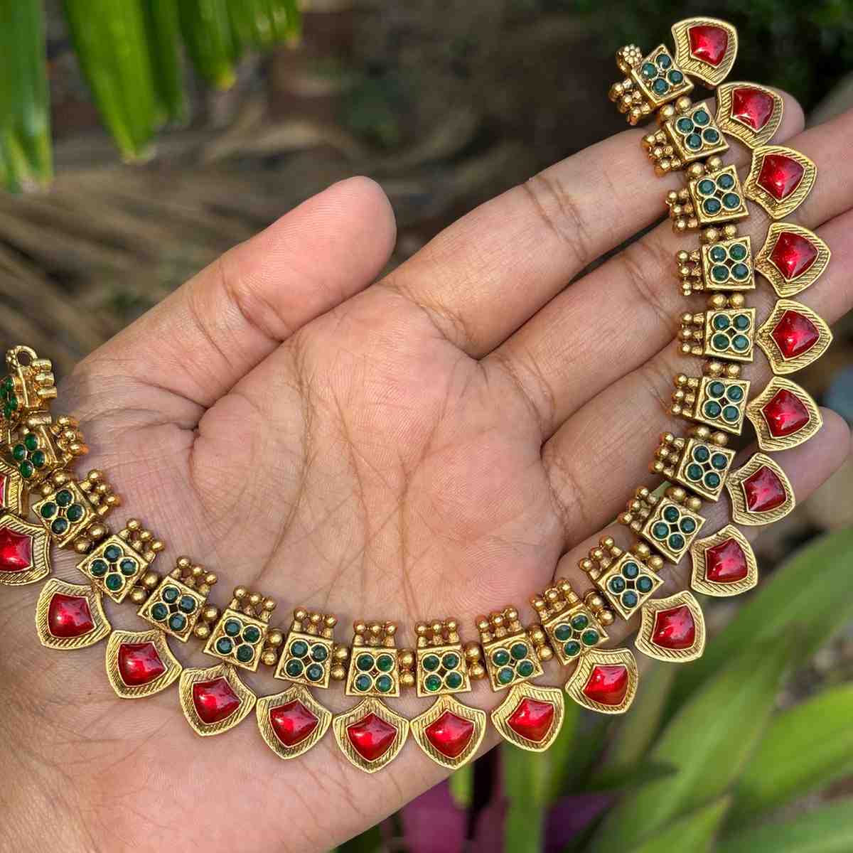 Traditional Palaka Red enamel Necklace Matte Finish with Matching jhumka N0078-CD40