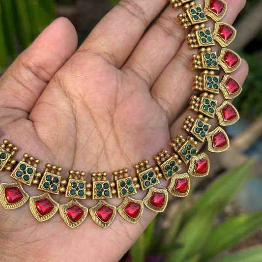 Traditional Palaka Red enamel Necklace Matte Finish with Matching jhumka N0078-CD40