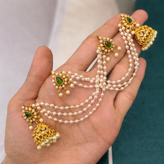 Jhumka with Attached 3 Layer Mattal Green Kemp Stone jhumka J0105-O54