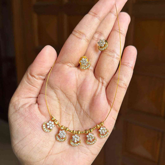 IN012 Invisible Chain with AD white Stone Flower Moon Pendent with earrings