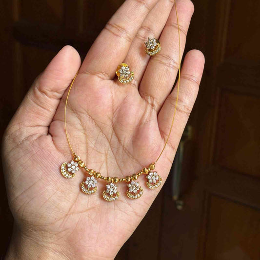 IN012 Invisible Chain with AD white Stone Flower Moon Pendent with earrings