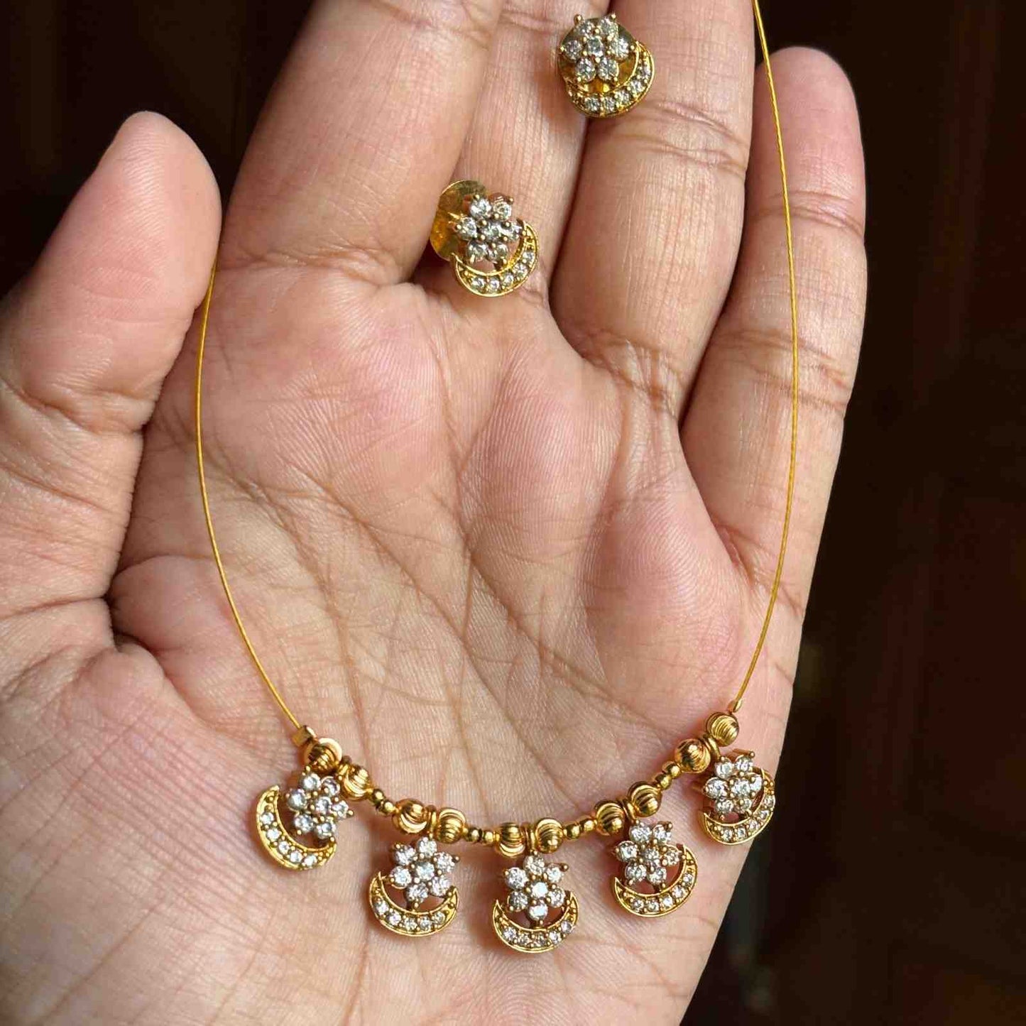 IN012 Invisible Chain with AD white Stone Flower Moon Pendent with earrings