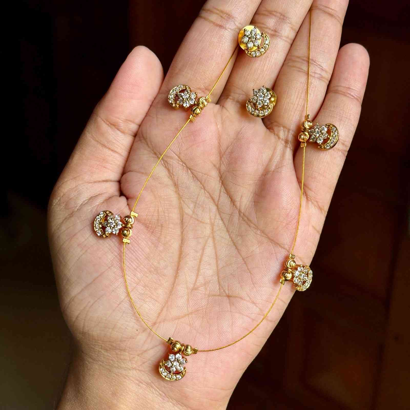 IN011 Invisible Chain with AD white Stone Flower Moon Pendent with earrings