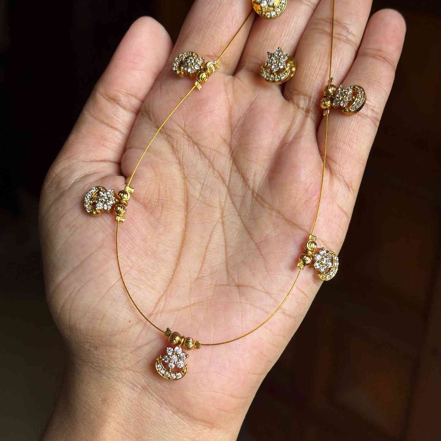 IN011 Invisible Chain with AD white Stone Flower Moon Pendent with earrings