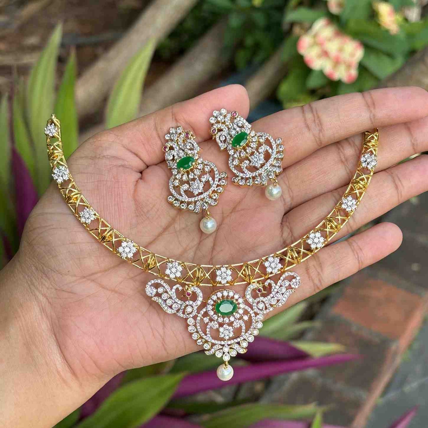 Premium Quality Rhodium Polish Double Tone Emerald green Diamond replica Hasli type Necklace with EarringsN0240-N110