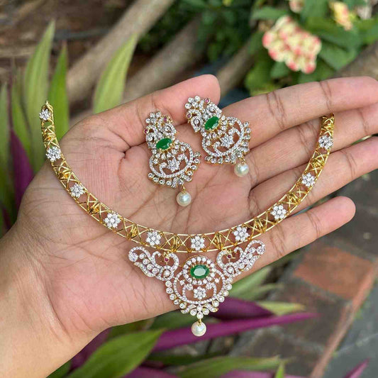 Premium Quality Rhodium Polish Double Tone Emerald green Diamond replica Hasli type Necklace with EarringsN0240-N110