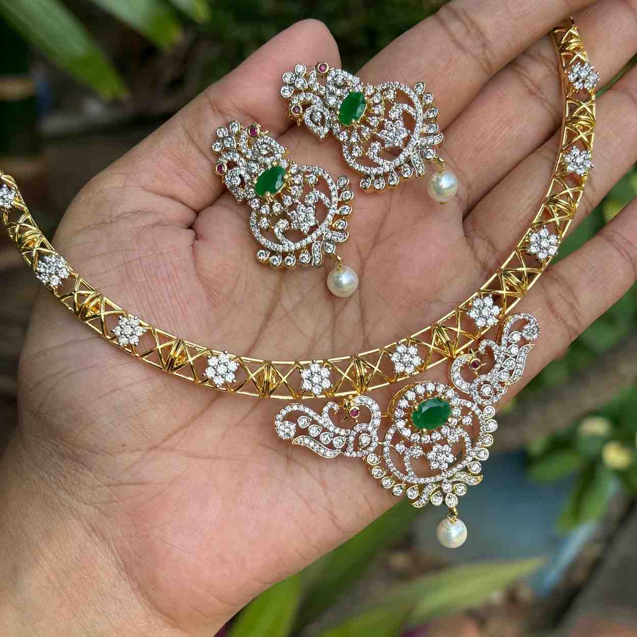 Premium Quality Rhodium Polish Double Tone Emerald green Diamond replica Hasli type Necklace with EarringsN0240-N110