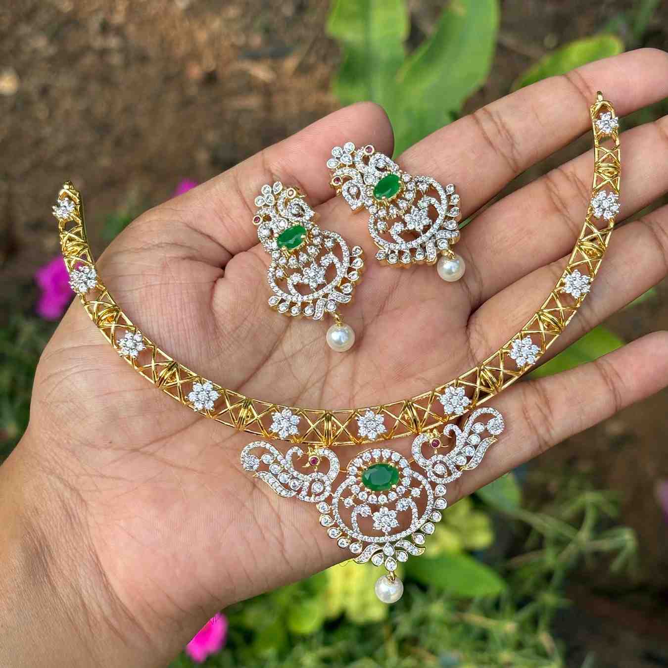 Premium Quality Rhodium Polish Double Tone Emerald green Diamond replica Hasli type Necklace with EarringsN0240-N110