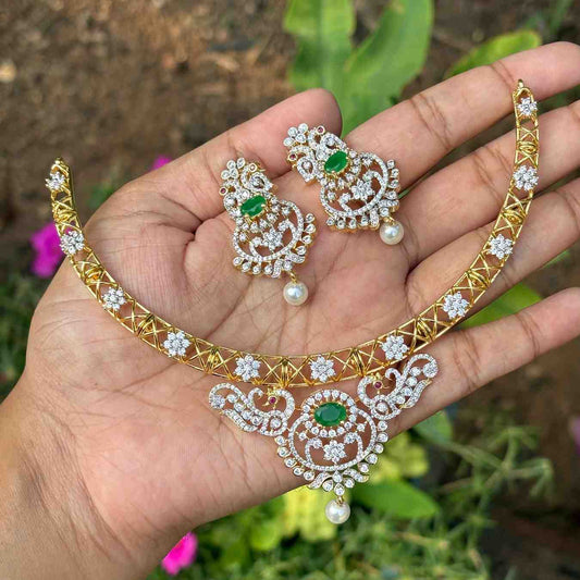 Premium Quality Rhodium Polish Double Tone Emerald green Diamond replica Hasli type Necklace with EarringsN0240-N110