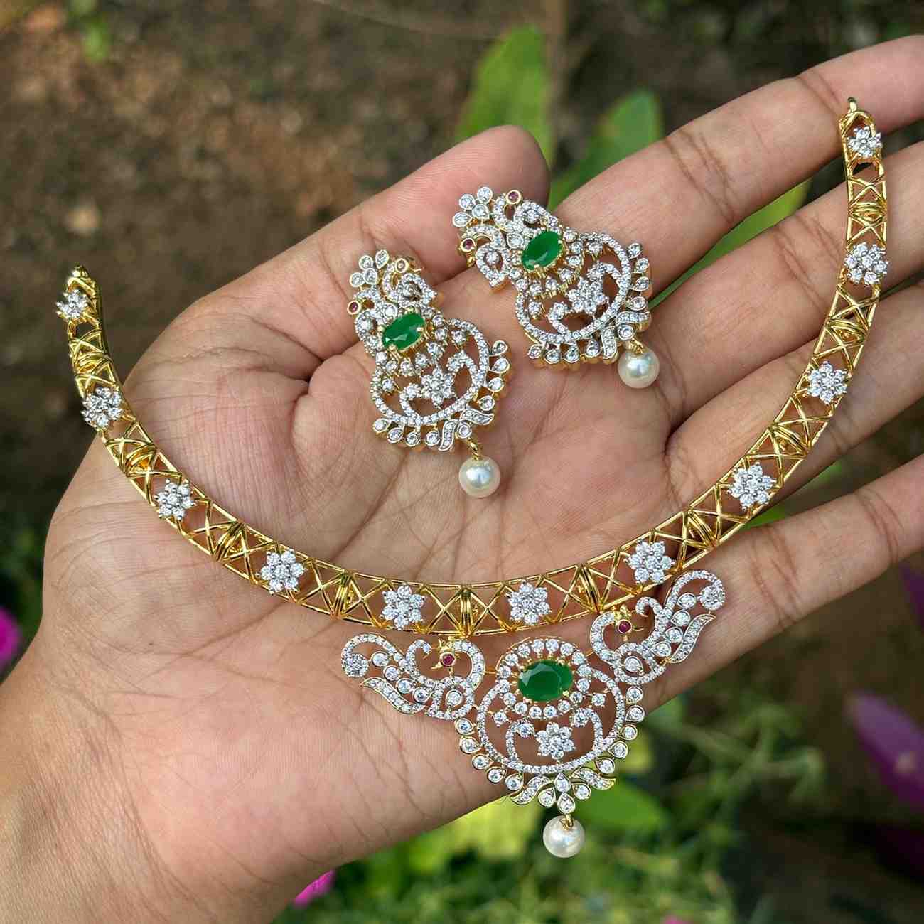 Premium Quality Rhodium Polish Double Tone Emerald green Diamond replica Hasli type Necklace with EarringsN0240-N110