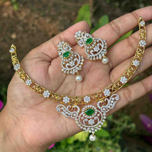 Premium Quality Rhodium Polish Double Tone Emerald green Diamond replica Hasli type Necklace with EarringsN0240-N110