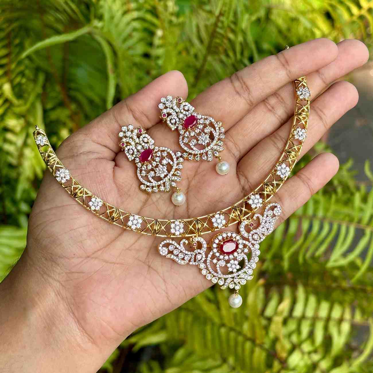 Premium Quality Rhodium Polish Double Tone Diamond replica Hasli type Necklace with Earrings N0241-N110