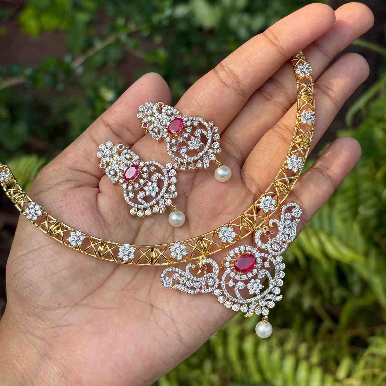 Premium Quality Rhodium Polish Double Tone Diamond replica Hasli type Necklace with Earrings N0241-N110