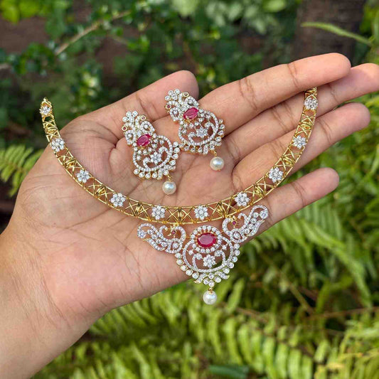 Premium Quality Rhodium Polish Double Tone Diamond replica Hasli type Necklace with Earrings N0241-N110