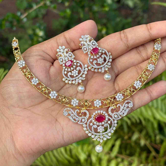 Premium Quality Rhodium Polish Double Tone Diamond replica Hasli type Necklace with Earrings N0241-N110