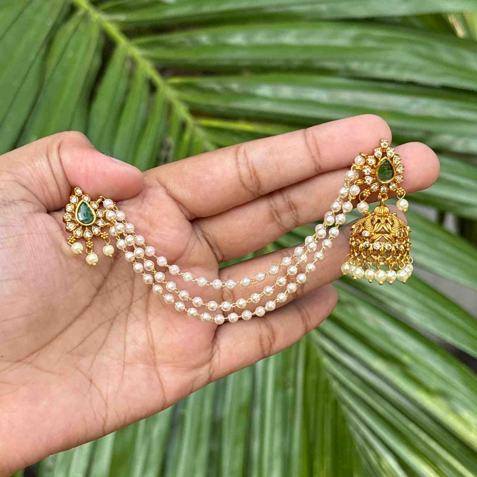 Jhumka with Attached 3 Layer Mattal Green Kemp Stone jhumka J0105-O54