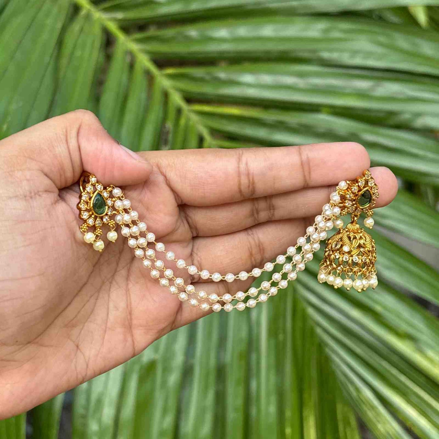 Jhumka with Attached 3 Layer Mattal Green Kemp Stone jhumka J0105-O54