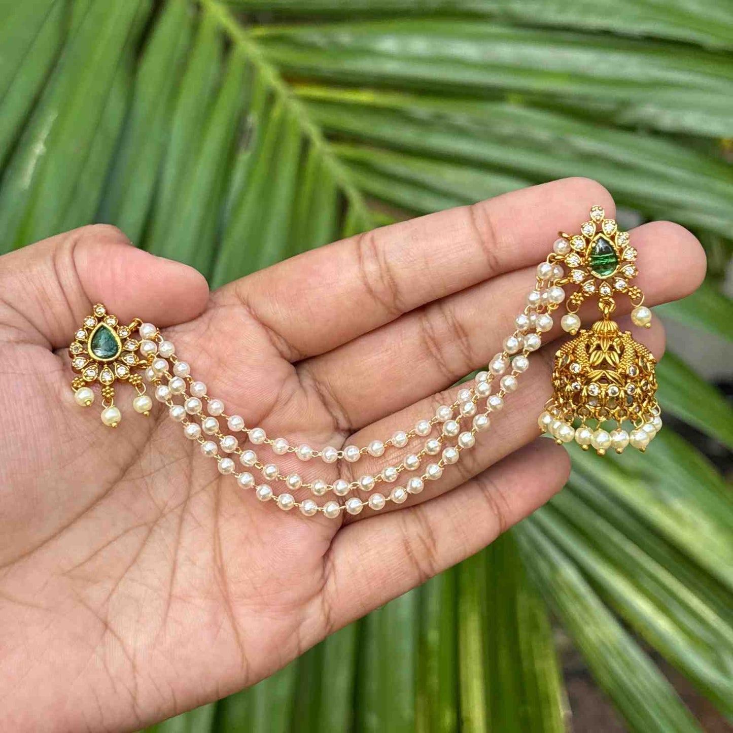 Jhumka with Attached 3 Layer Mattal Green Kemp Stone jhumka J0105-O54