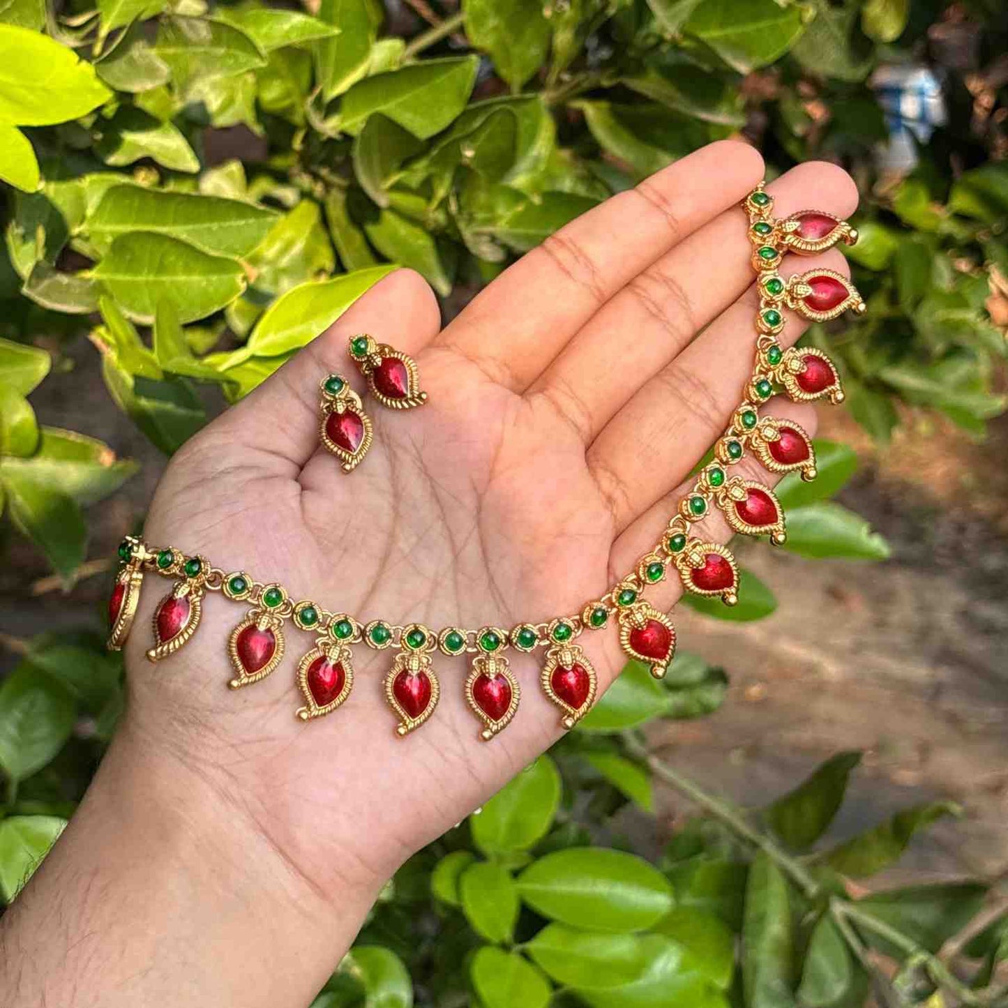Premium Quality Traditional Red Manga Mango motif Palaka Necklace with Earring N0247-D24