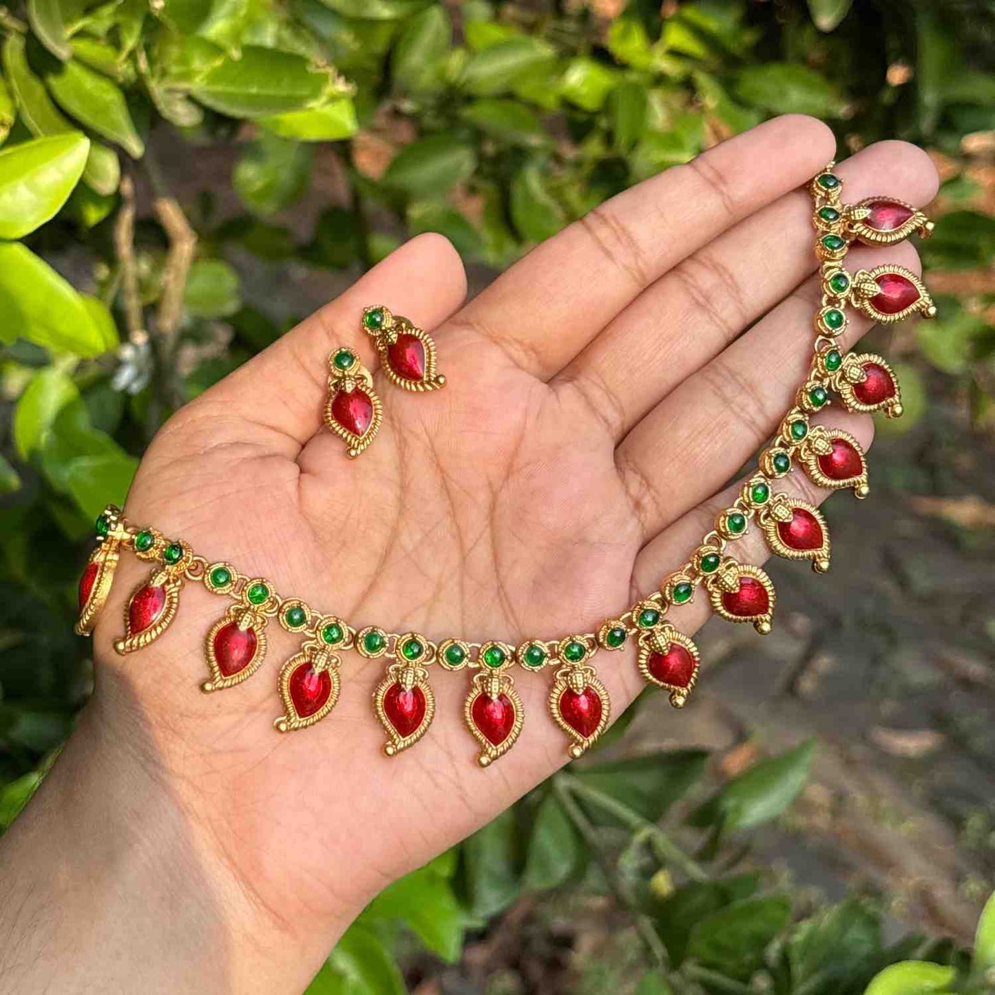 Premium Quality Traditional Red Manga Mango motif Palaka Necklace with Earring N0247-D24
