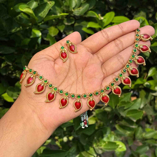 Premium Quality Traditional Red Manga Mango motif Palaka Necklace with Earring N0247-D24