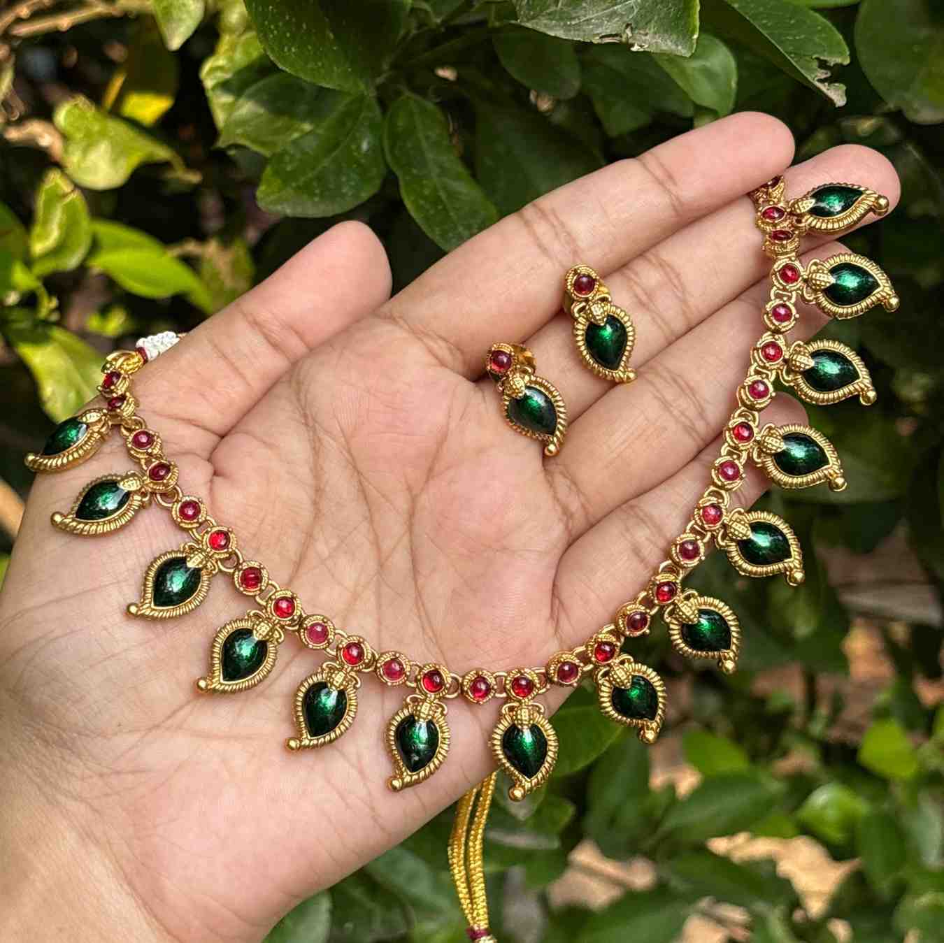 Premium Quality Traditional Green Manga Mango motif Palaka Necklace with Earring N0248-D24