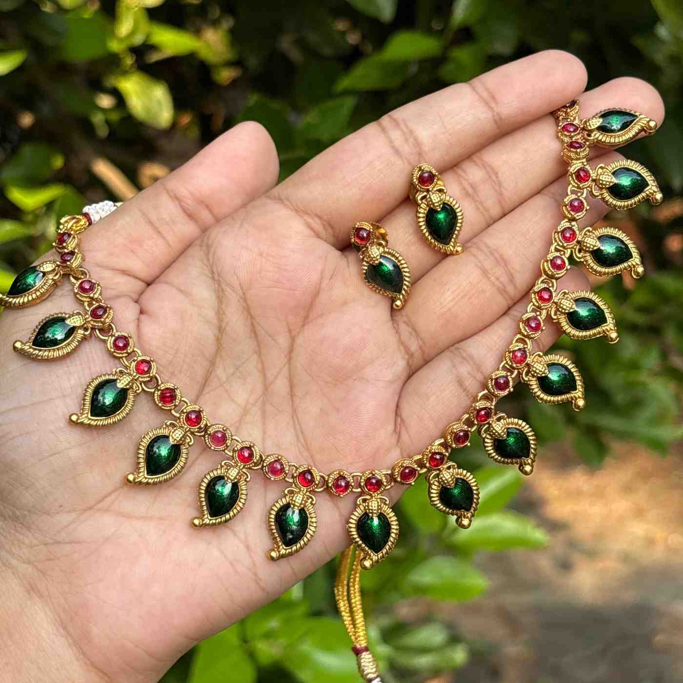 Premium Quality Traditional Green Manga Mango motif Palaka Necklace with Earring N0248-D24