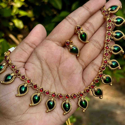 Premium Quality Traditional Green Manga Mango motif Palaka Necklace with Earring N0248-D24