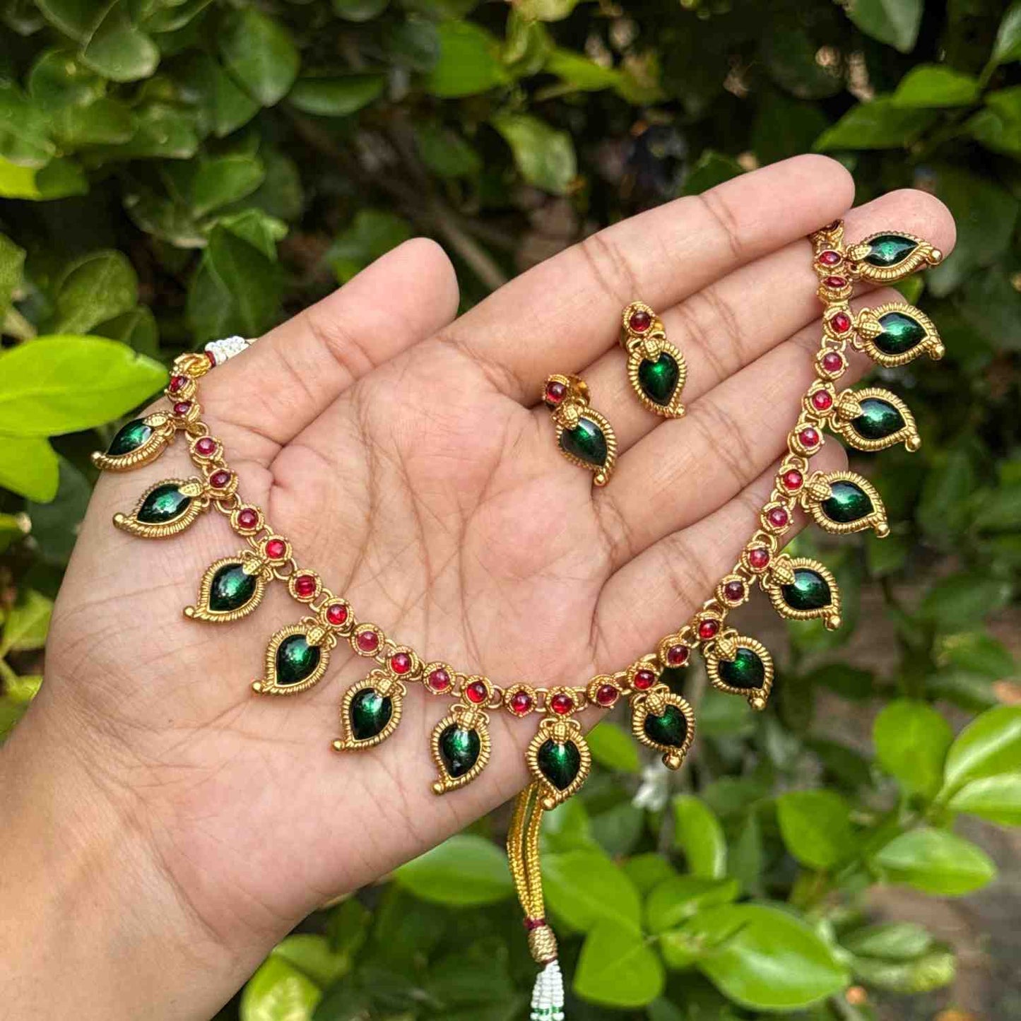Premium Quality Traditional Green Manga Mango motif Palaka Necklace with Earring N0248-D24