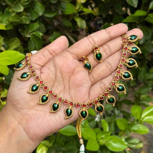 Premium Quality Traditional Green Manga Mango motif Palaka Necklace with Earring N0248-D24