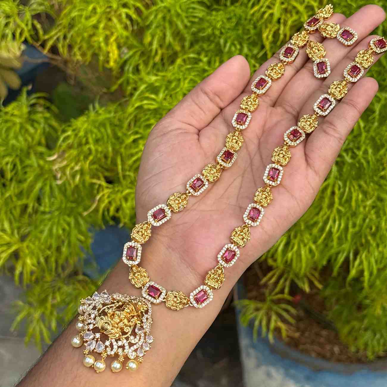 Premium Quality Lakshmi Pendent Ruby Stone Haram with earrings H0063-I70