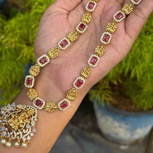 Premium Quality Lakshmi Pendent Ruby Stone Haram with earrings H0063-I70