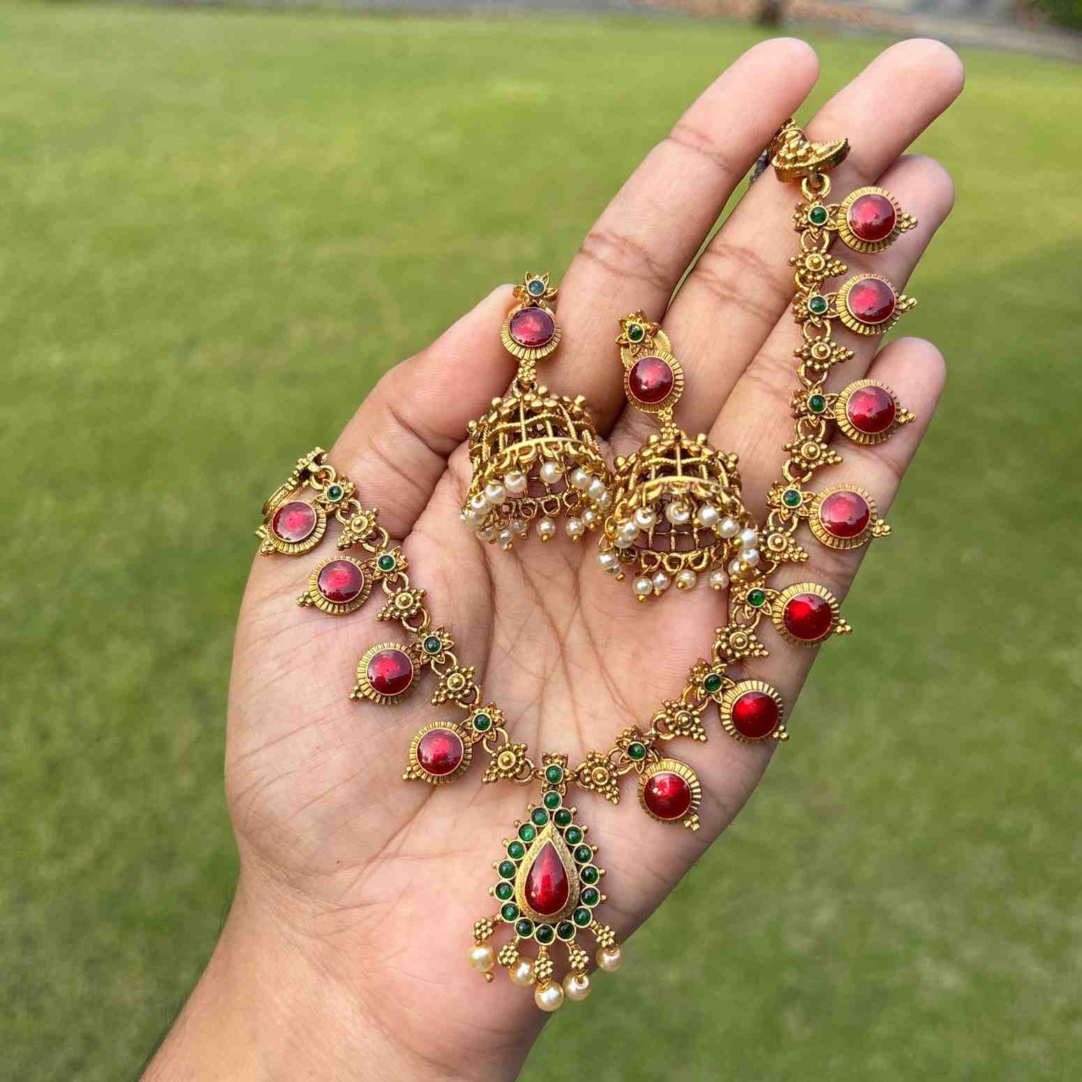 Premium Look Red Enamel Palaka Necklace with Earring N0253-D25