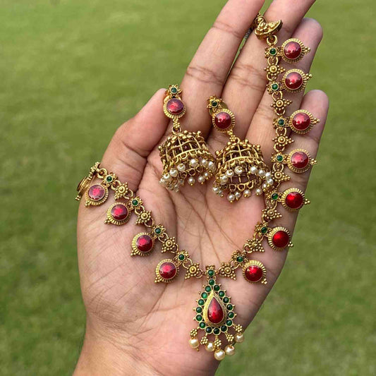 Premium Look Red Enamel Palaka Necklace with Earring N0253-D25