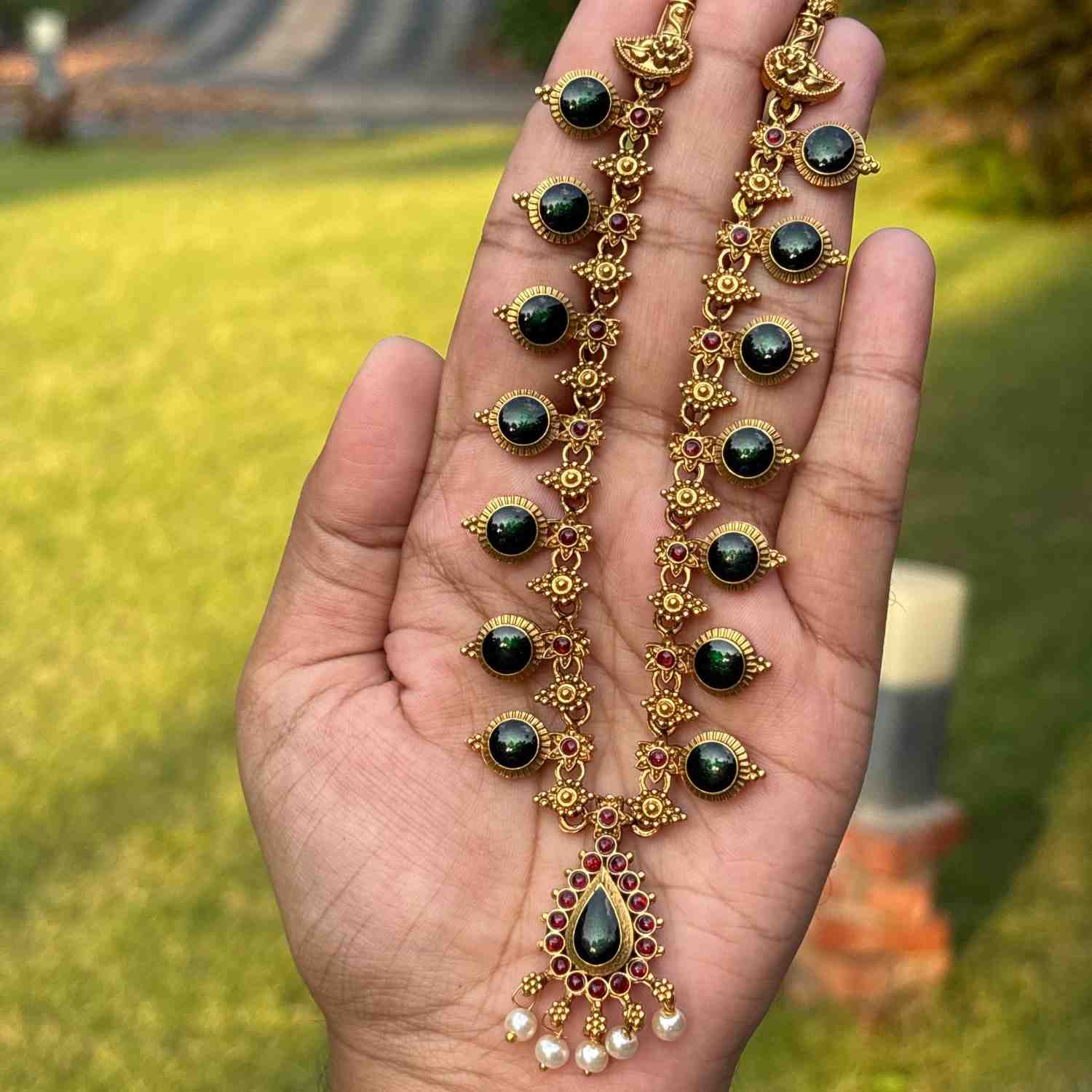 Premium Look Green Enamel Palaka Necklace with Earring N0252-D25