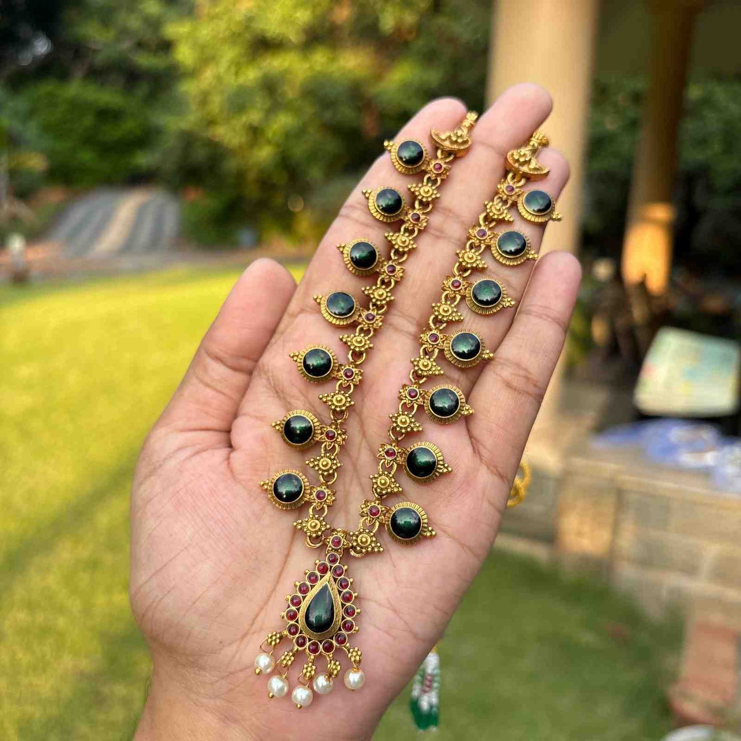 Premium Look Green Enamel Palaka Necklace with Earring N0252-D25