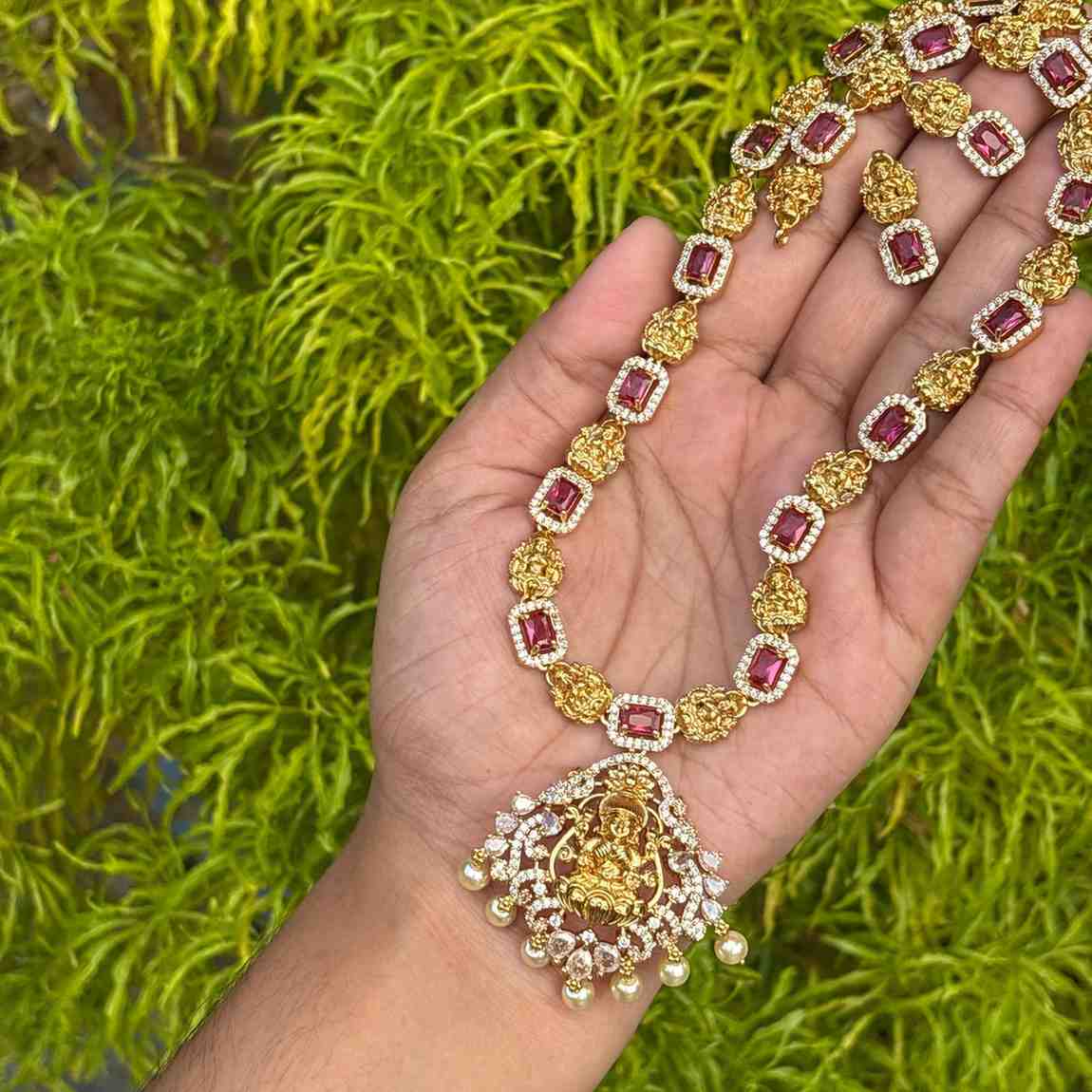 Premium Quality Lakshmi Pendent Ruby Stone Haram with earrings H0063-I70