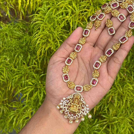 Premium Quality Lakshmi Pendent Ruby Stone Haram with earrings H0063-I70