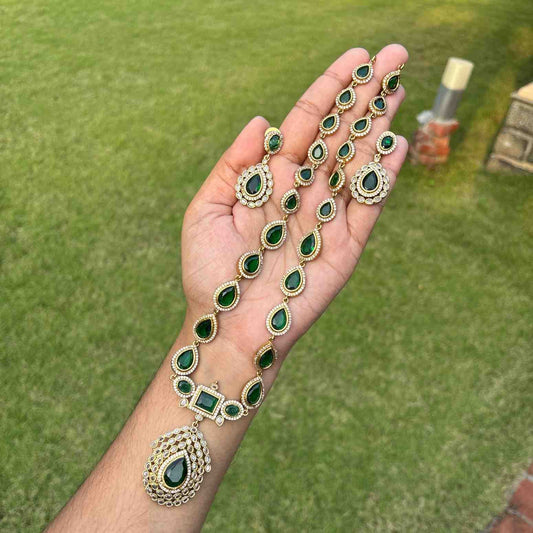 Premium Quality Jothika Inspired Haram Emerald Stone Haram with earrings H0064-N89