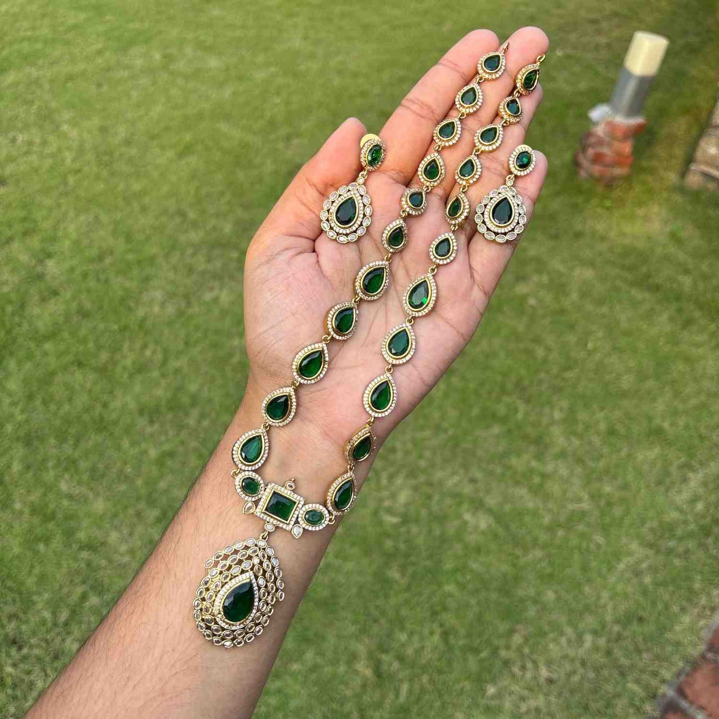 Premium Quality Jothika Inspired Haram Emerald Stone Haram with earrings H0064-N89