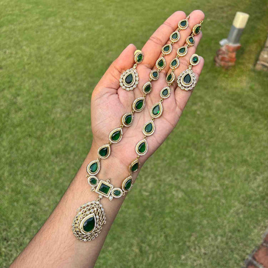 Premium Quality Jothika Inspired Haram Emerald Stone Haram with earrings H0064-N89