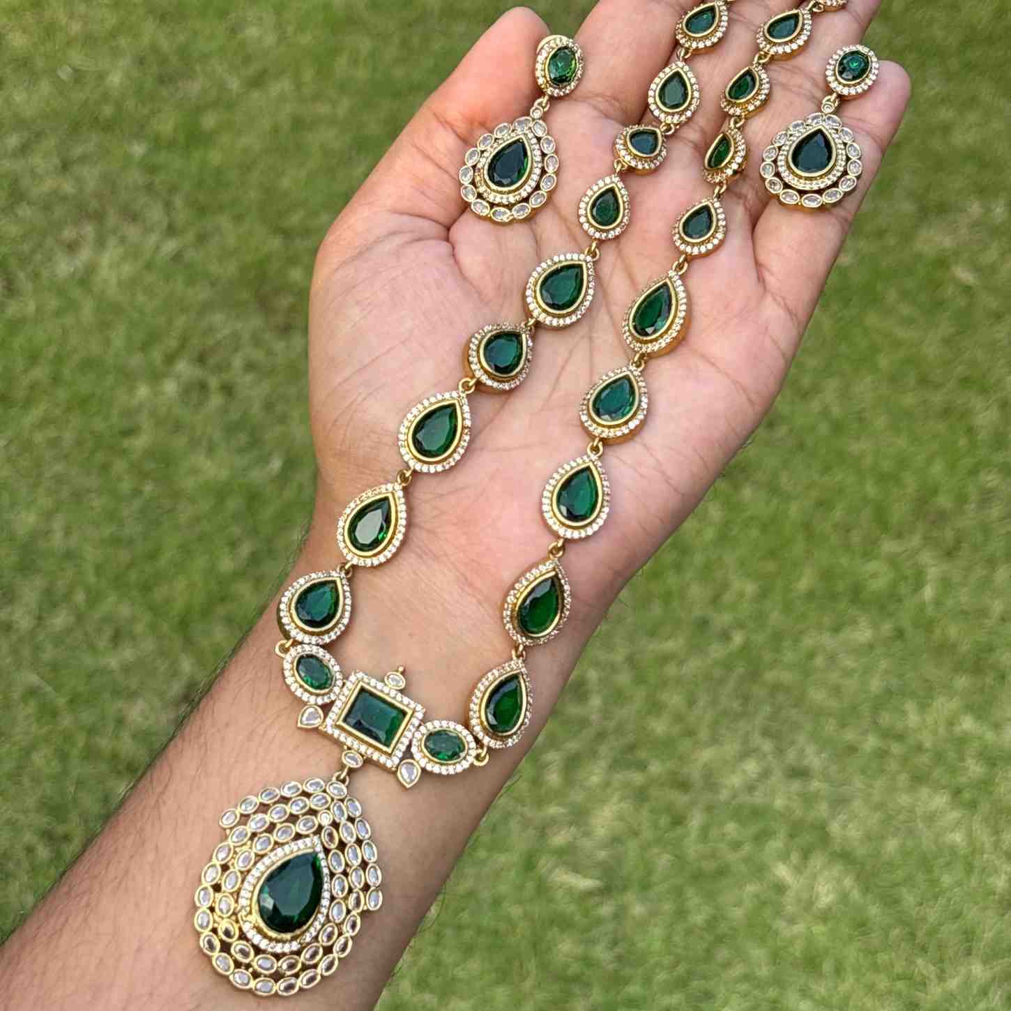 Premium Quality Jothika Inspired Haram Emerald Stone Haram with earrings H0064-N89