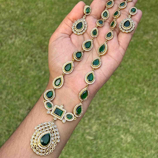 Premium Quality Jothika Inspired Haram Emerald Stone Haram with earrings H0064-N89